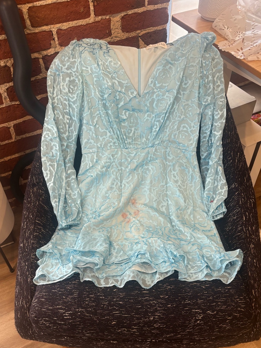 DAMAGED Saloni Alya Heart Jacquard Long Sleeve Silk Minidress In Ice Blue Size 8 - Picture 6 of 9